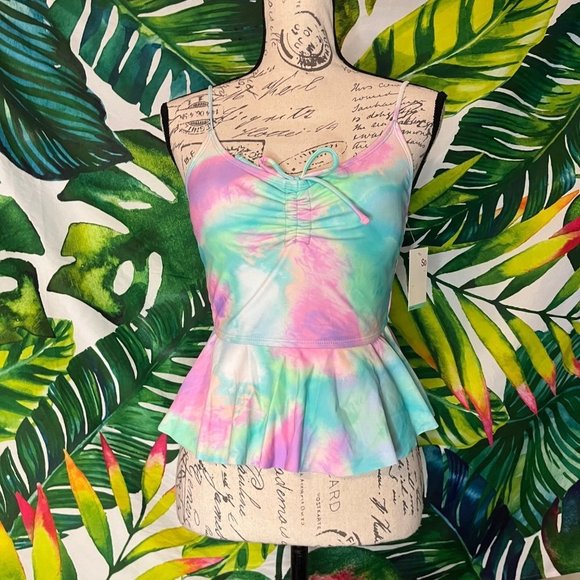 NWT SO Juniors Medium Aqua Purple Pink Mermaid Color Ruffle Tankini Swim Top - Picture 1 of 6